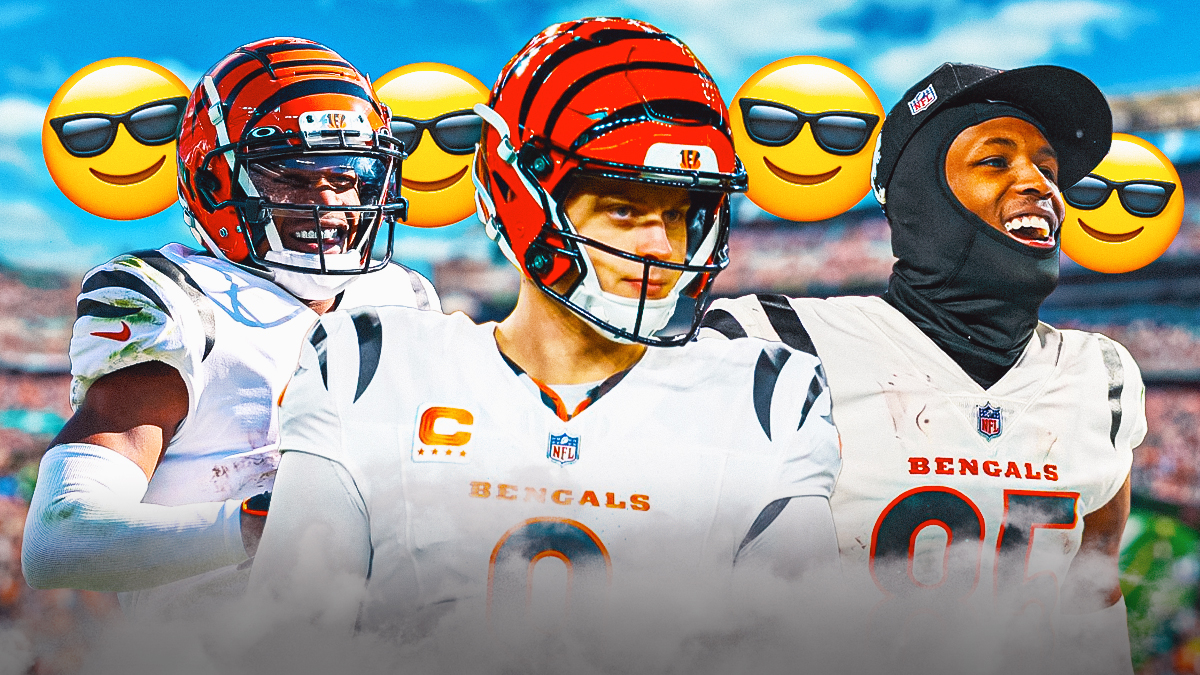Joe Burrow in a Cincinnati Bengals uniform with Ja'Marr Chase and Tee Higgins in Bengals uniforms with smiling face with sunglasses emojis around