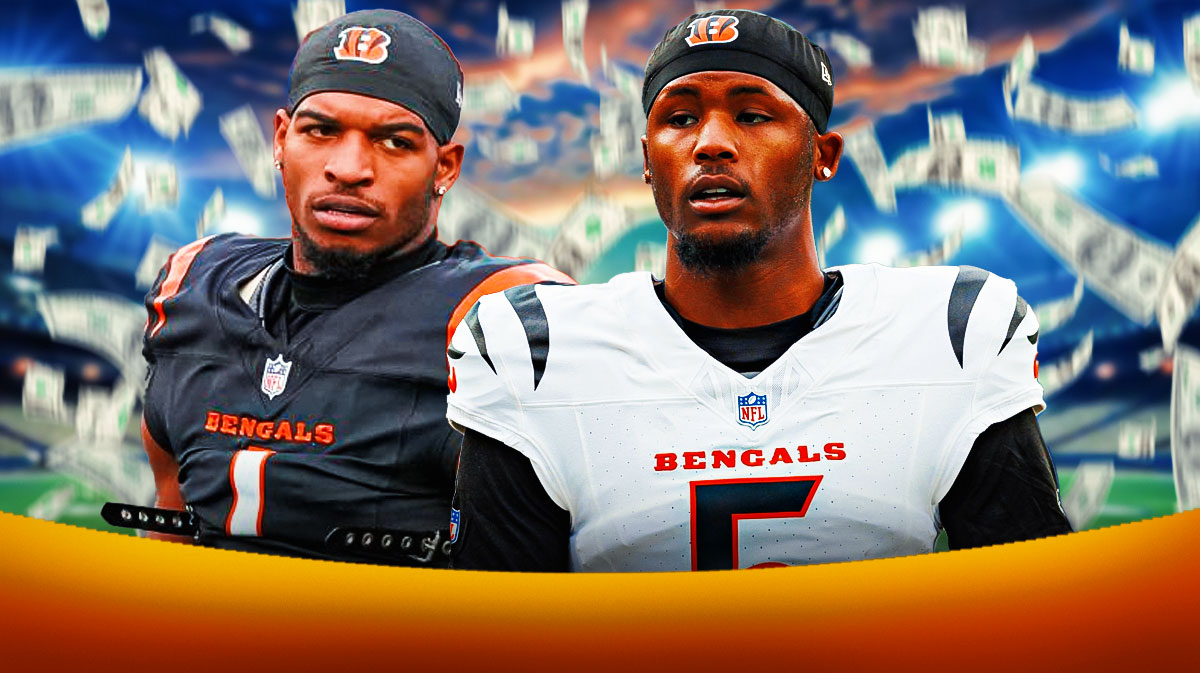 Ja'Marr Chase and Tee Higgins with money floating around the picture.