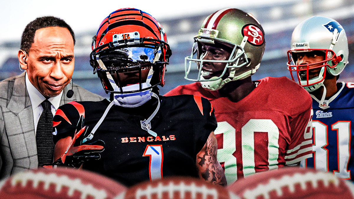Stephen A. Smith and Ja'Marr Chase on one side, Jerry Rice and Randy Moss on the other side