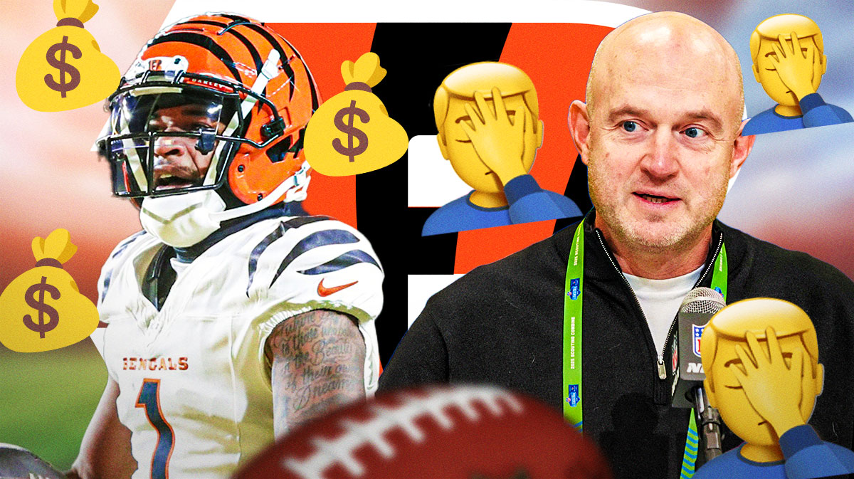 Bengals director of player personnel Duke Tobin surrounded by facepalm emojis (🤦). Next to him is Bengals WR Ja'Marr Chase surrounded by money bag emojis (💰). There is also a logo for the Cincinnati Bengals.