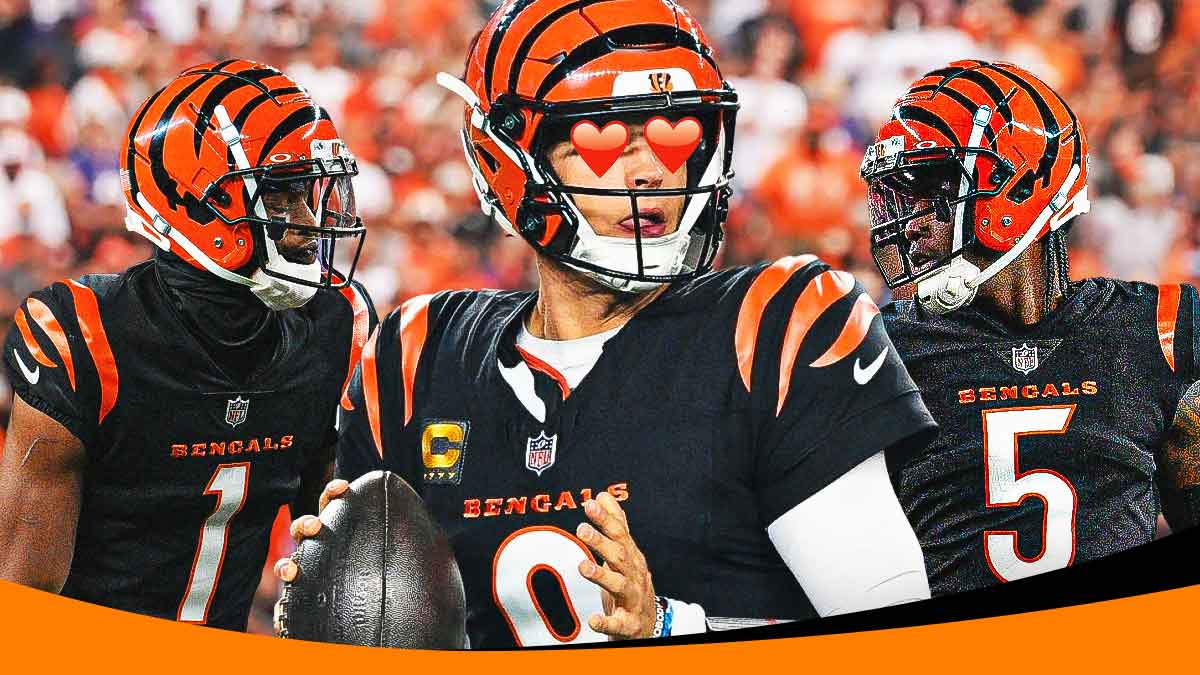 Joe Burrow in a Cincinnati Bengals uniform with hearts in his eyes looking at Ja'Marr Chase and Tee Higgins in Bengals uniforms as burrow helped bengals re-sign chase and higgins.