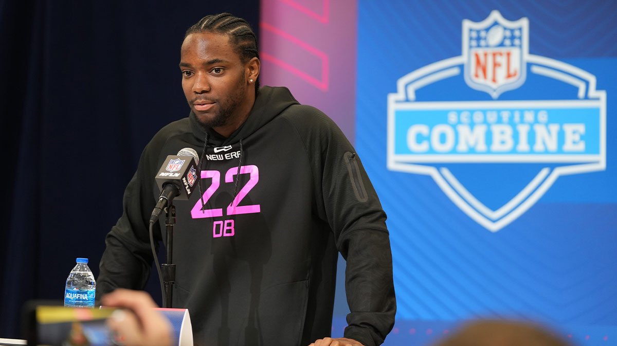 Notre Dame defensive back Benjamin Morrison speaks to the media at the 2025 NFL combine.