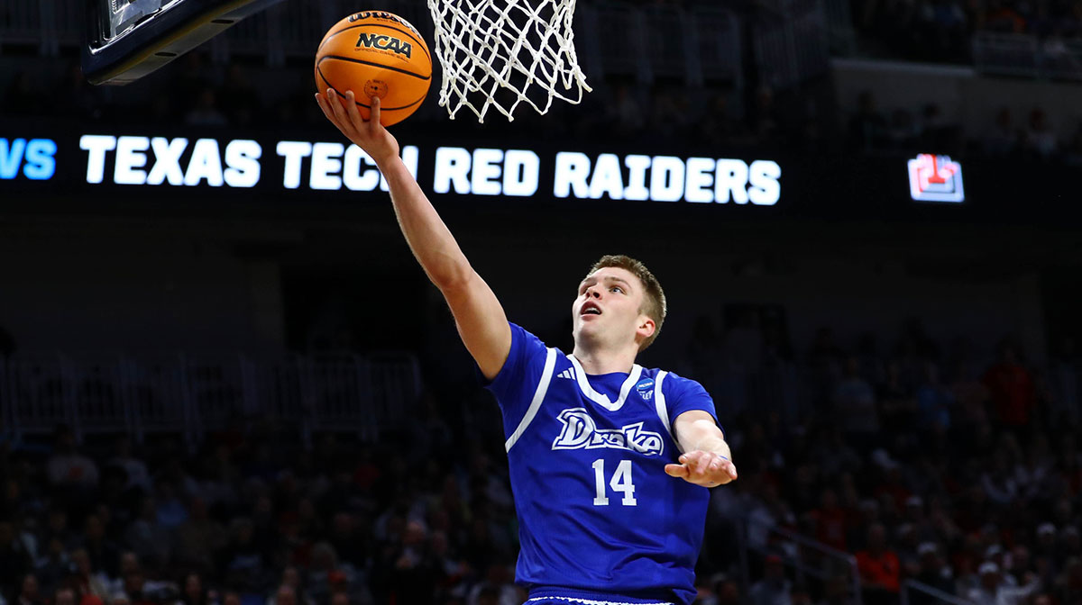 Drake Bulldogs guard Bennett Stirtz (14) shoots the ball against the Texas Tech Red Raiders during the second half at Intrust Bank Arena.