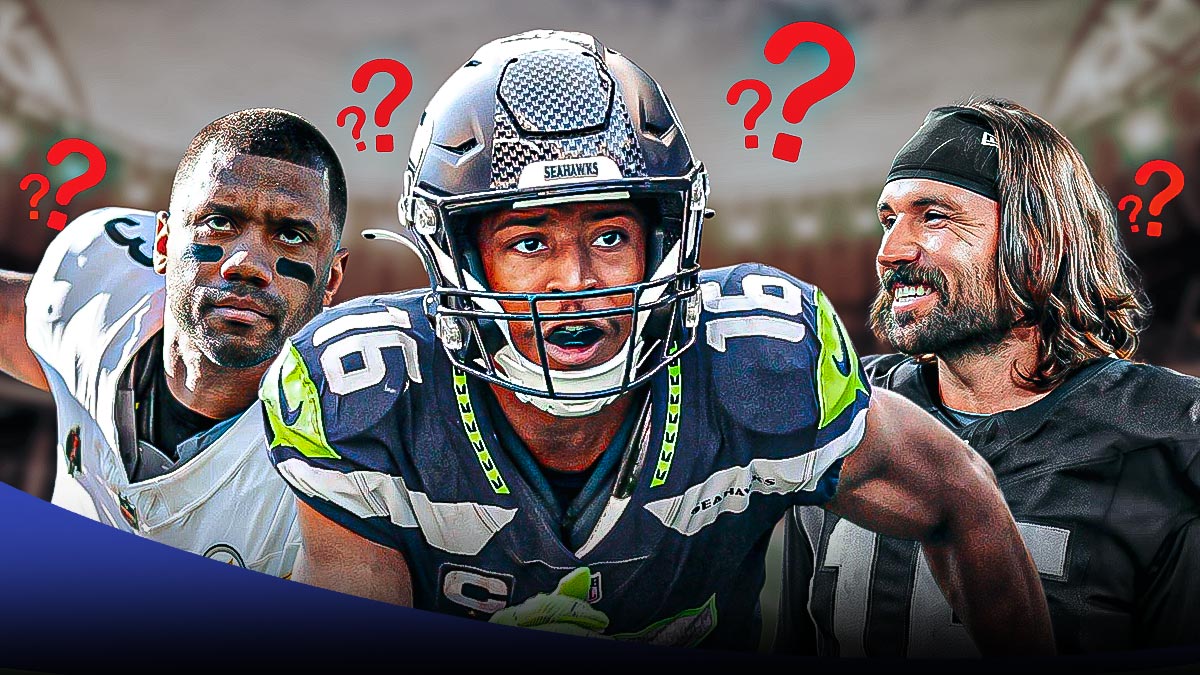Tyler Lockett in the middle, Gardner Minshew and Russell Wilson beside him, ❓❓❓ in the background