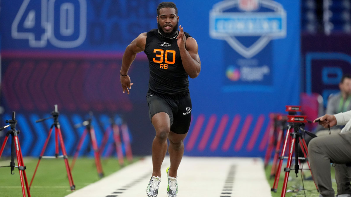 Virginia Tech running back Bhayshul Tuten (RB30) during the 2025 NFL Combine at Lucas Oil Stadium.