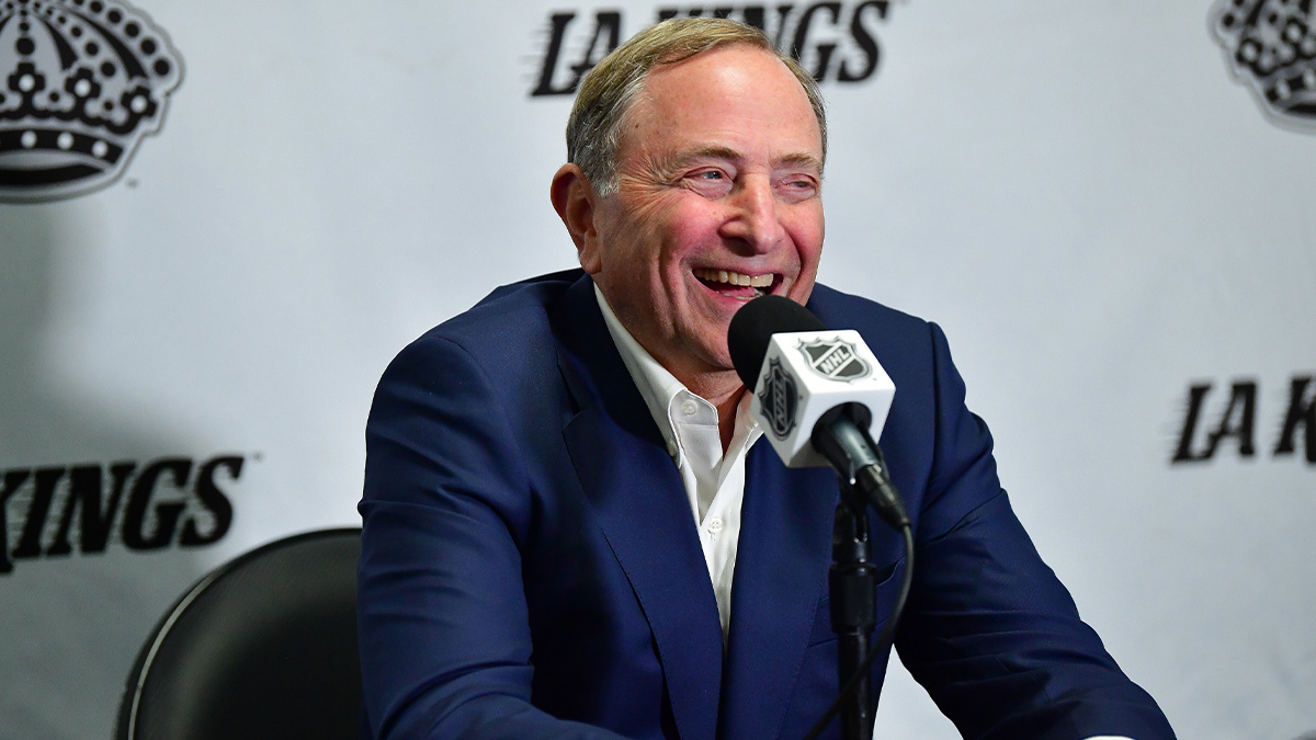 NHL commissioner Gary Bettman speaks during media availabilities before the Los Angeles Kings play against the Utah Hockey Club at Crypto.com Arena.