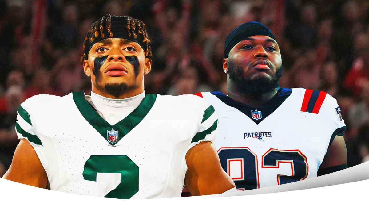 Justin Fields in Jets jersey (number two) and Milton Williams in Patriots jersey (number 93).