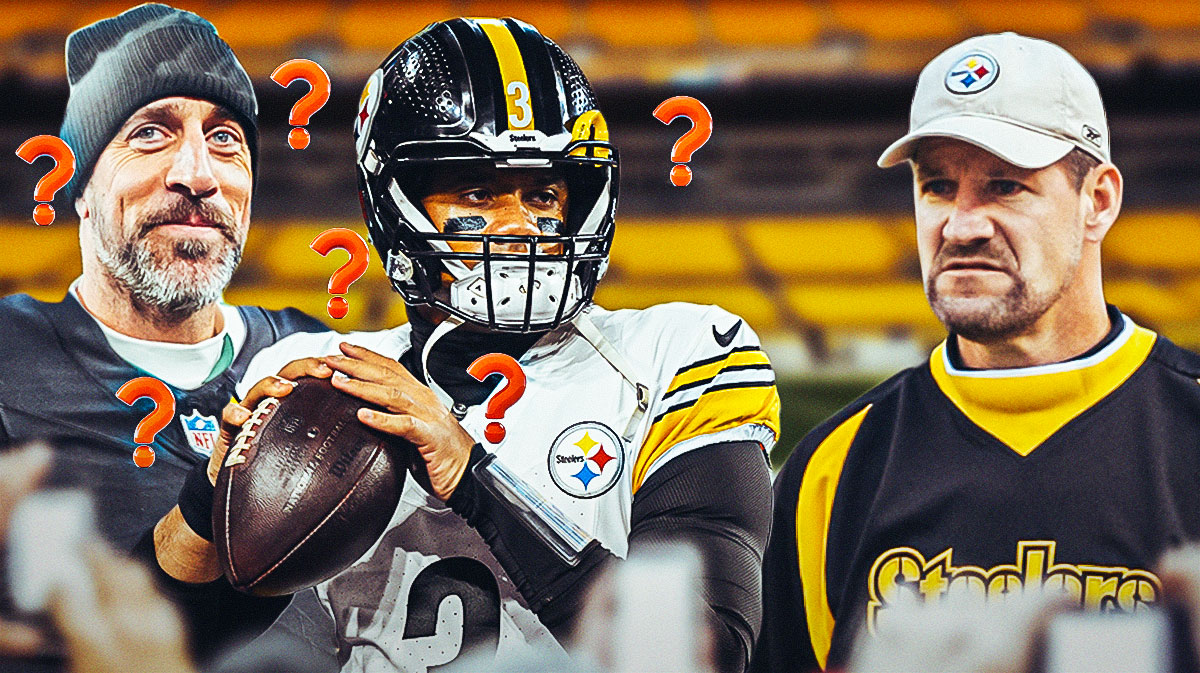 Bill Cowher looking at both Russell Wilson in a Steelers jersey and Aaron Rodgers in a Steelers jersey, with question marks around both players.
