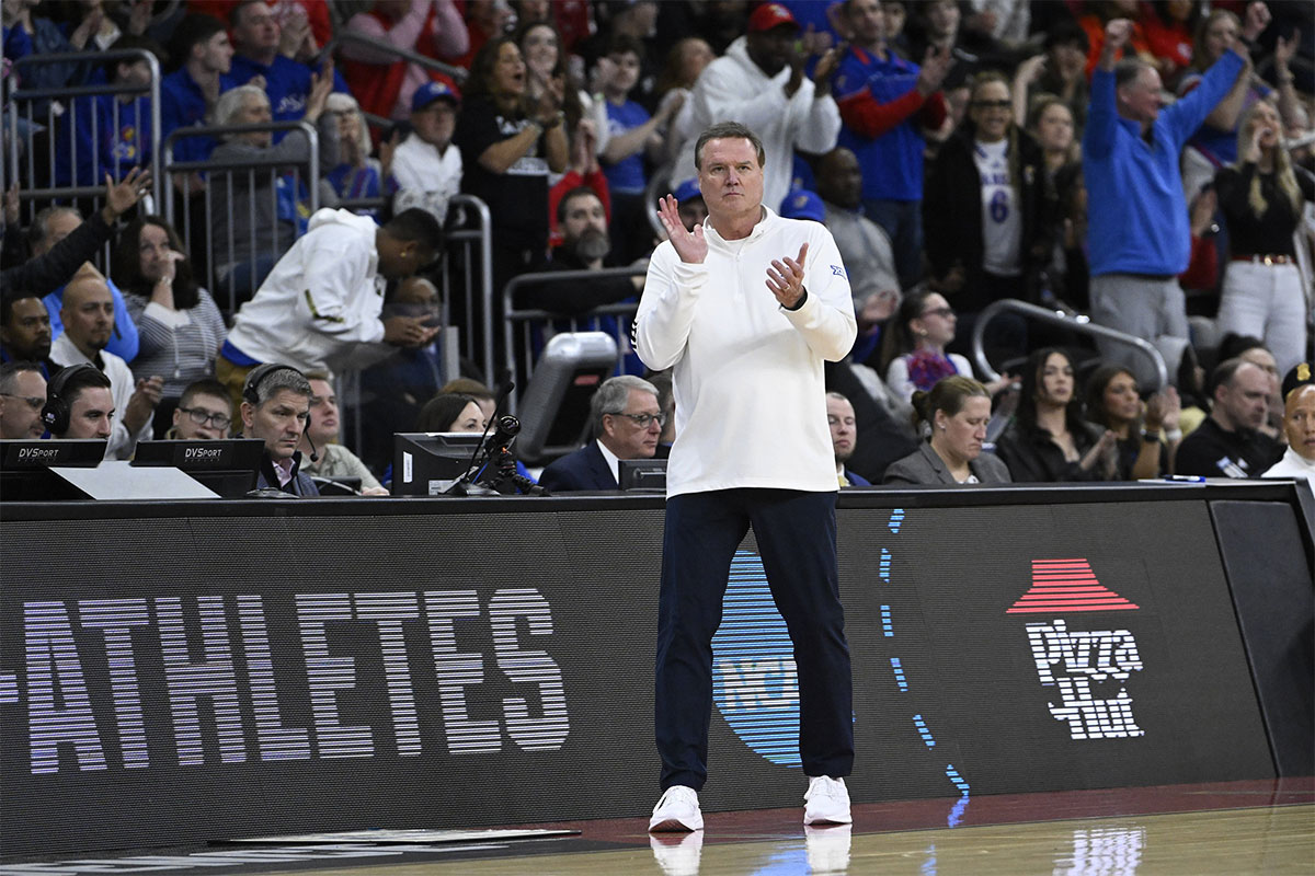 Kansas Jayhawks head coach Bill Self reacts during the first half against the Arkansas Razorbacks at Amica Mutual Pavilion.