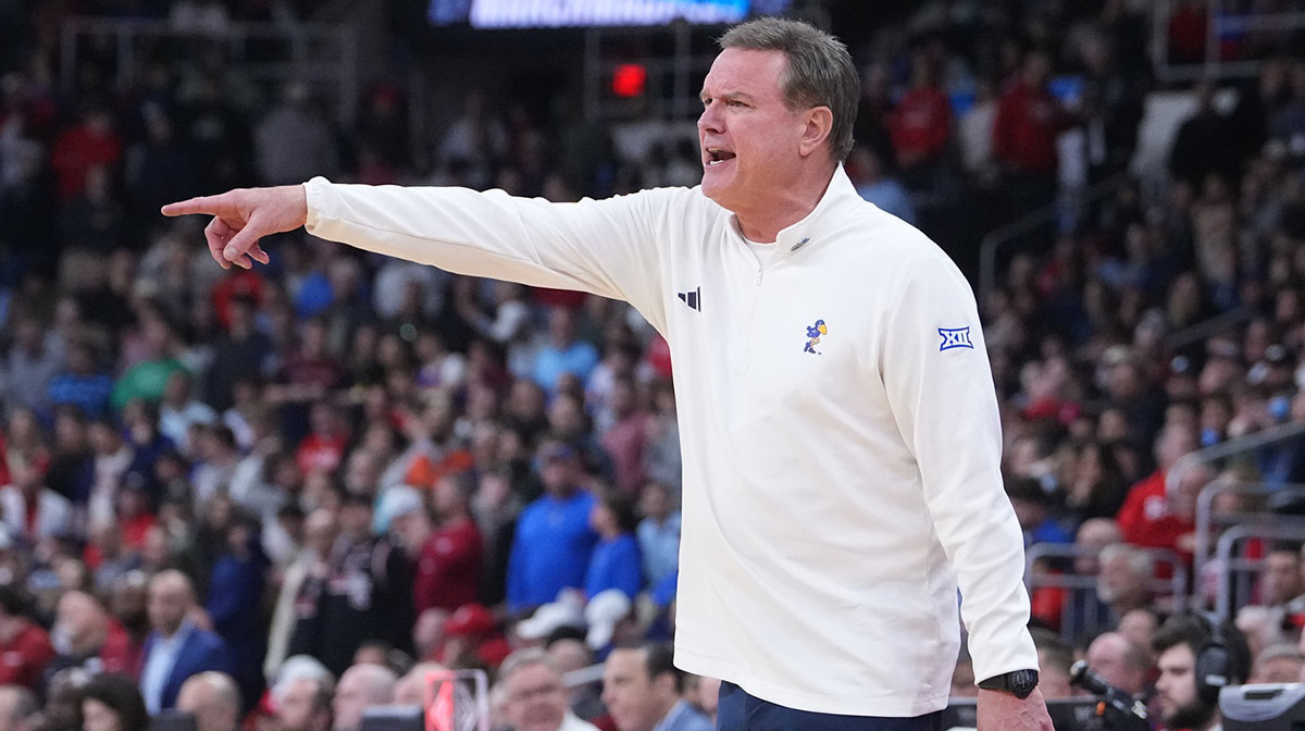 Mar 20, 2025; Providence, RI, USA; Kansas Jayhawks head coach Bill Self reacts during the second half against the Arkansas Razorbacks at Amica Mutual Pavilion.