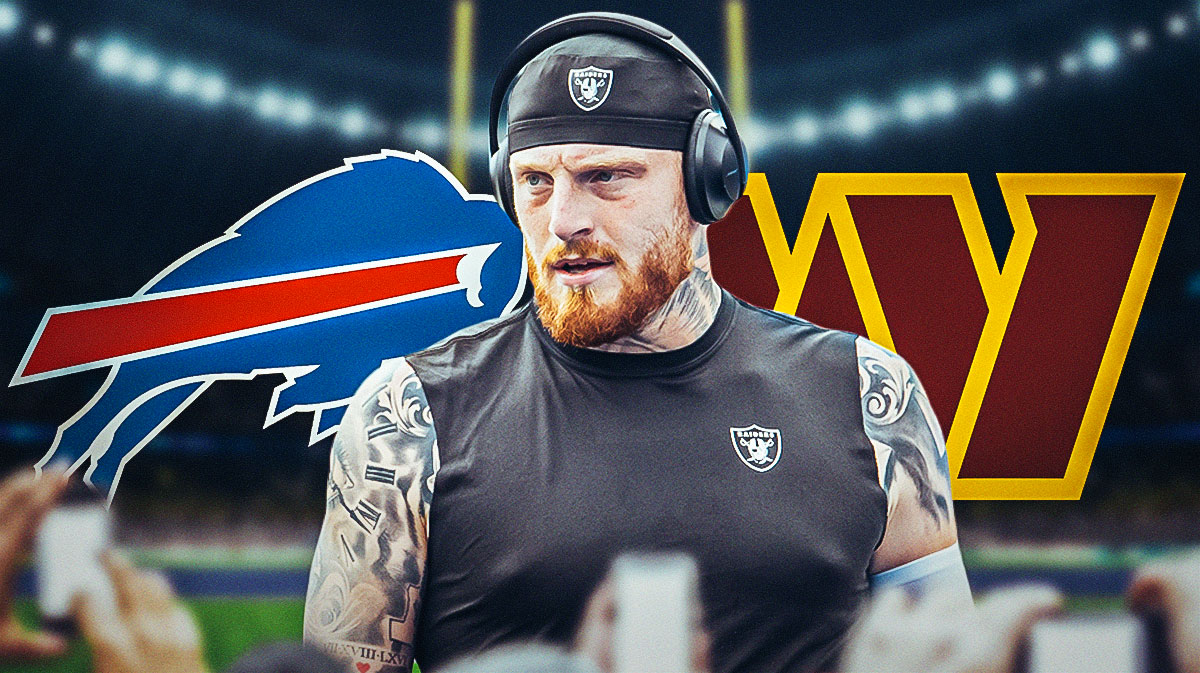 Maxx Crosby front and center. Bills logo behind to right. Commanders logo behind to left