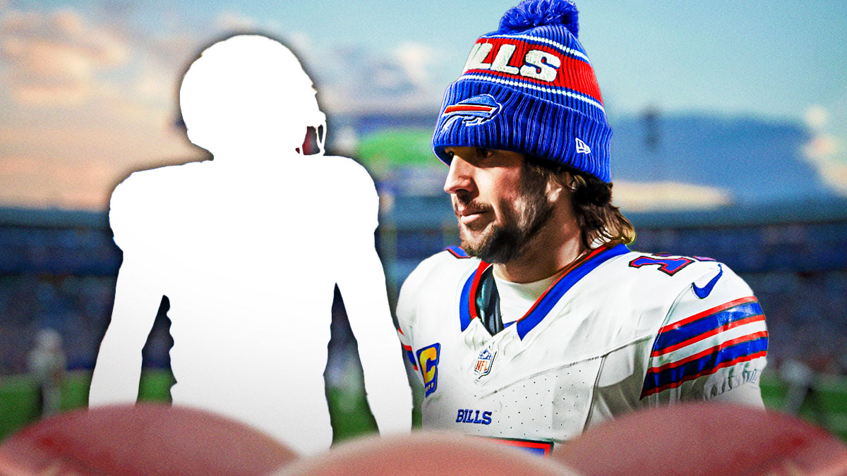 Josh Allen in a Buffalo Bills uniform with a silhouette of Josh Palmer as the bills added the receiver in free agency as josh allen and the bills look to improve on offense.