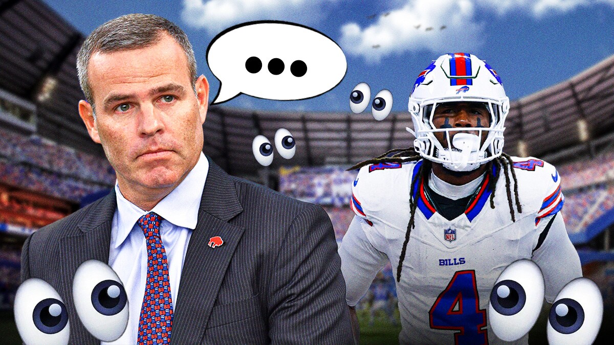 Bills GM Brandon Beane with speech bubble above his head saying inferring contract extension talks while next to RB James Cook. Multiple 👀 emojis in background. Background is Highmark Stadium.