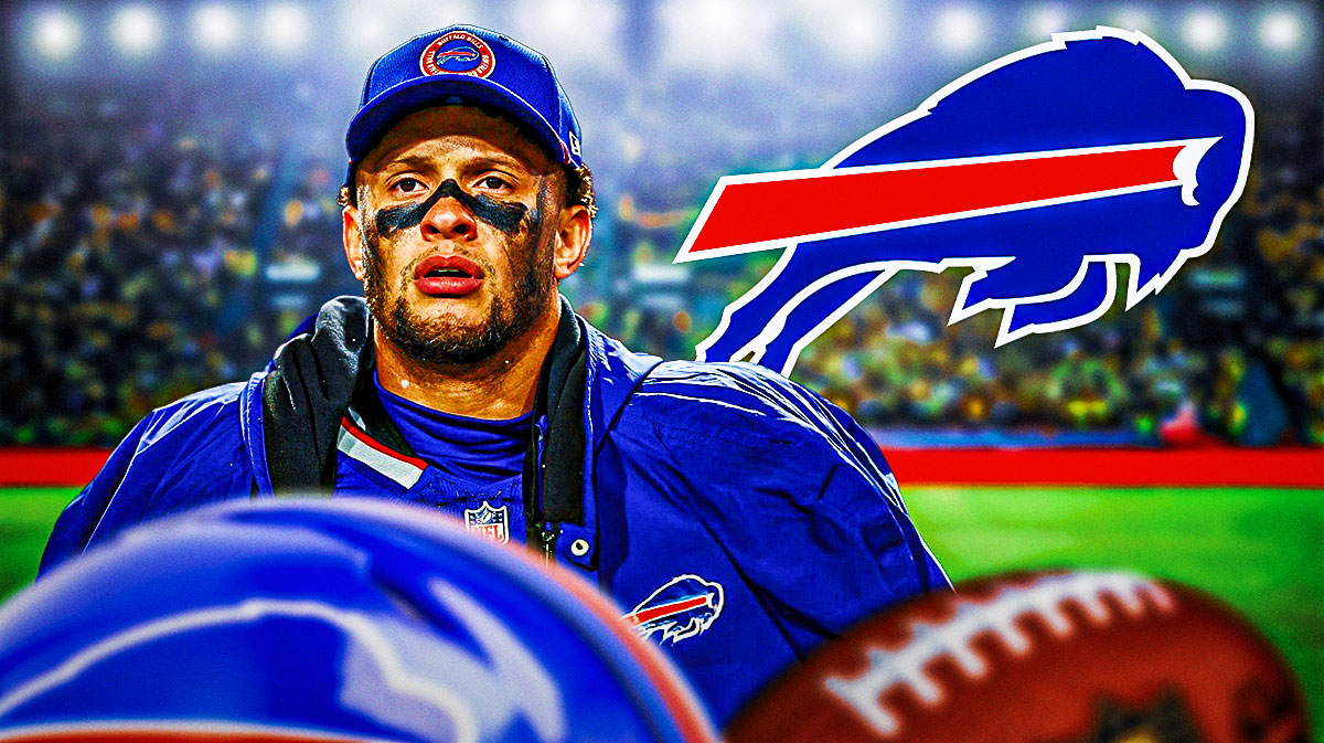 Bills Terrel Bernard with Buffalo Bills logo in free agency