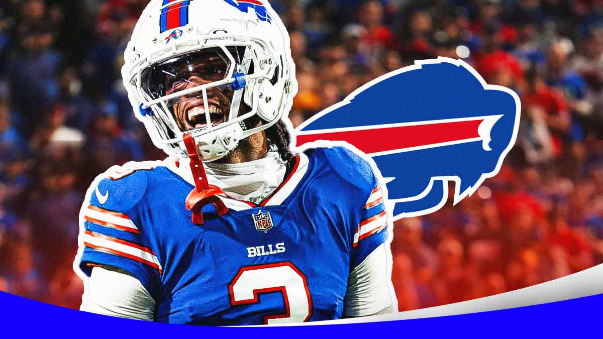 Damar Hamlin smiling with the Buffalo Bills logo next to him
