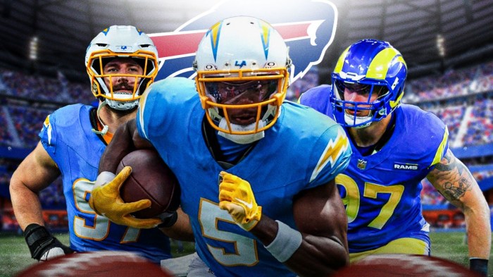 Featured Graphic idea: image of Bills defensive end Joey Bosa next to image of Bills wide receiver Josh Palmer next to image of Bills defensive end Michael Hoecht