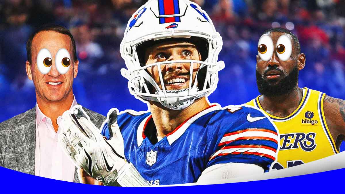 Josh Allen smiling in the middle. Peyton Manning on the left and LeBron James on the right. Both Manning and James have emoji eyes looking at Josh Allen