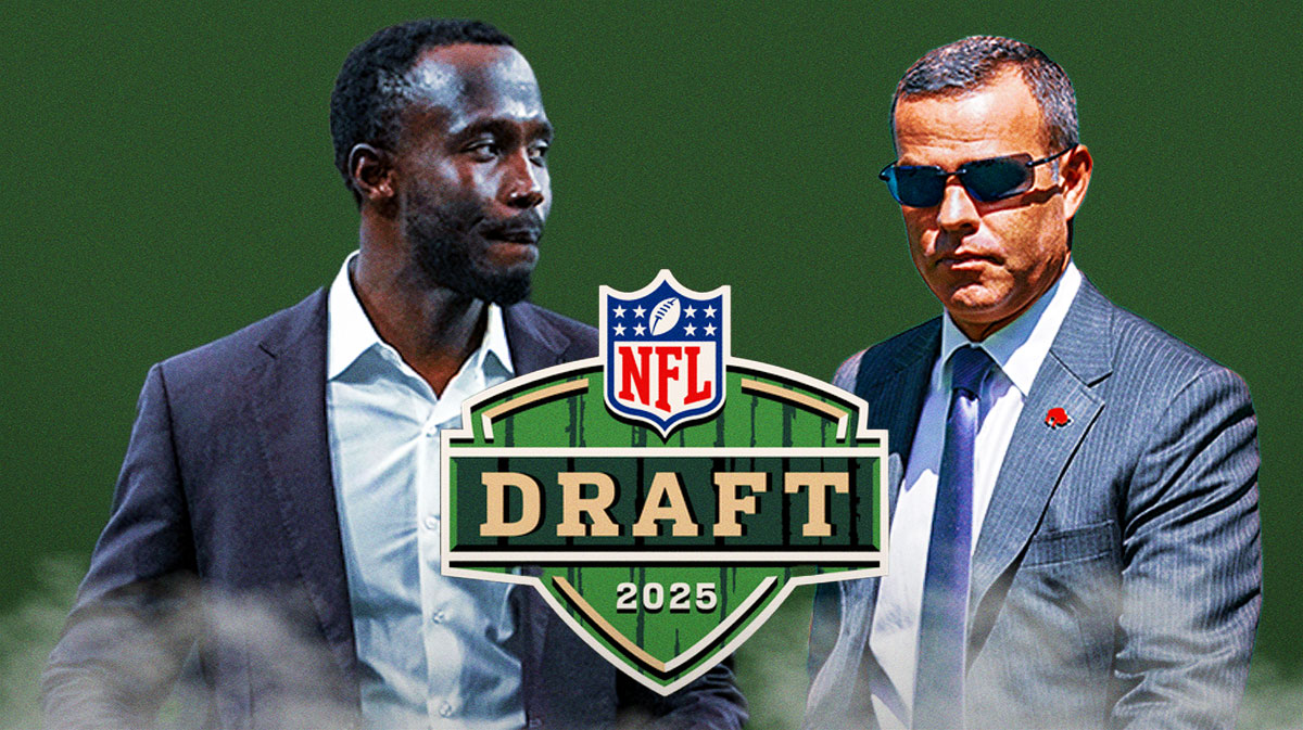 Bills Brandon Beane and Vikings Kwesi Adofo-Mensah with 2025 NFL Draft logo in between them