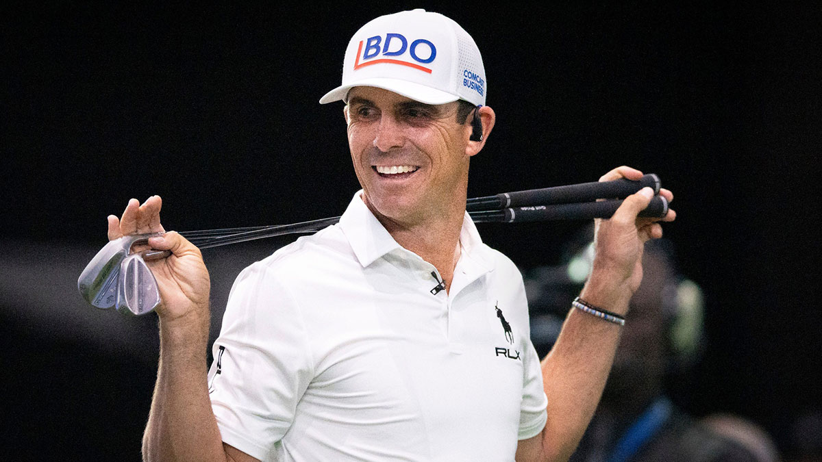 Billy Horschel of Atlanta Drive GC smiles against Bay Club Golf in the TGL semifinal match at SoFi Center