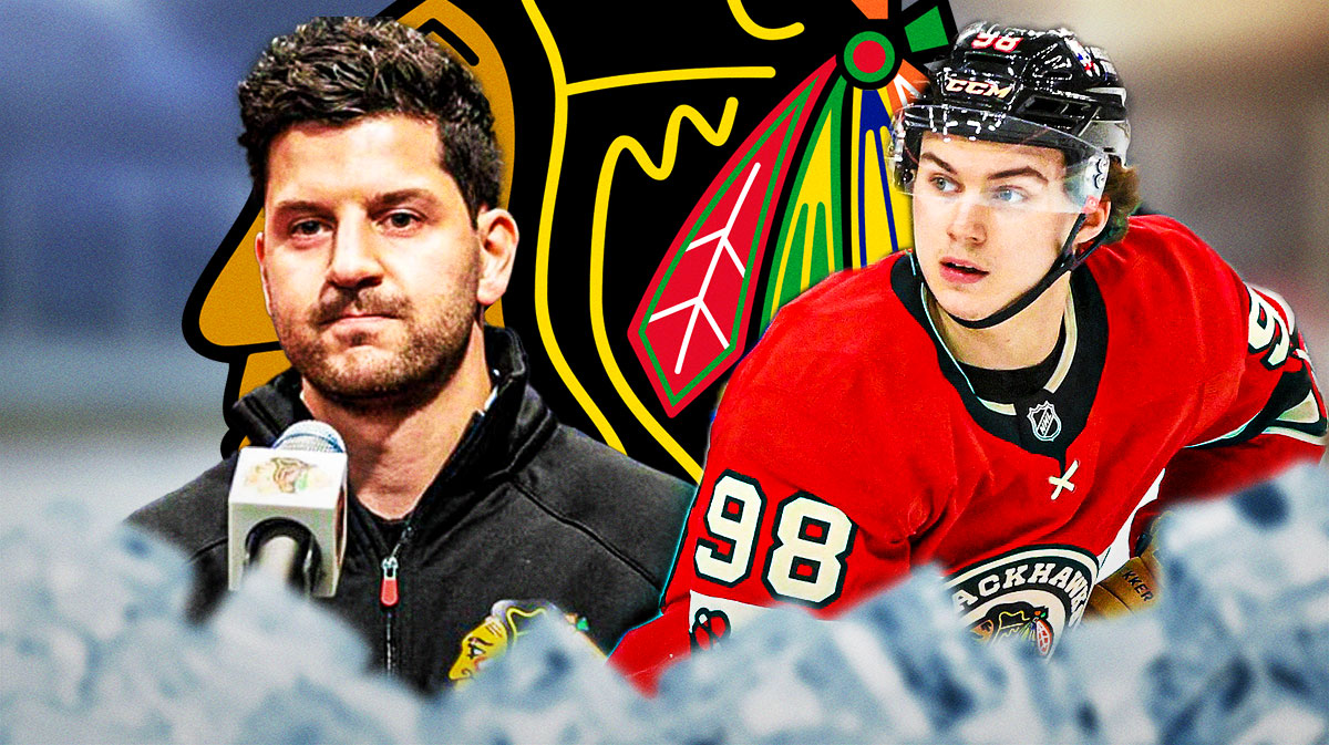 Kyle Davidson and Connor Bedard on either side, Chicago Blackhawks logo in middle, hockey rink in background