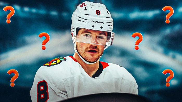 Blackhawks forward Ryan Donato surrounded by question marks