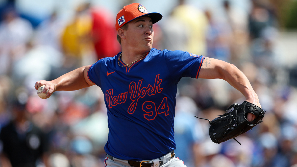 The New York Mets Thrower Blade Tidvell (94) casts height at Bay Bai Raisve in another inning during spring training in Charlotte Sports Park.