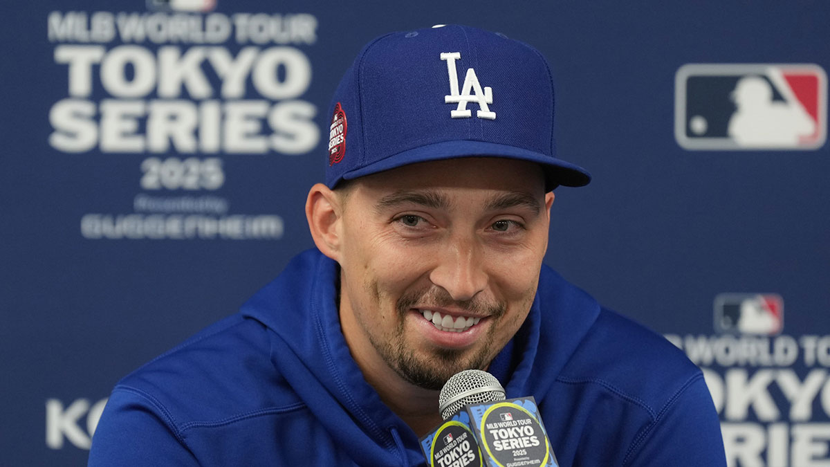 Los Angeles Dodgers pitcher Blake Snell (7) talks to media members before the game against the Yomiuri Giants at Tokyo Dome.