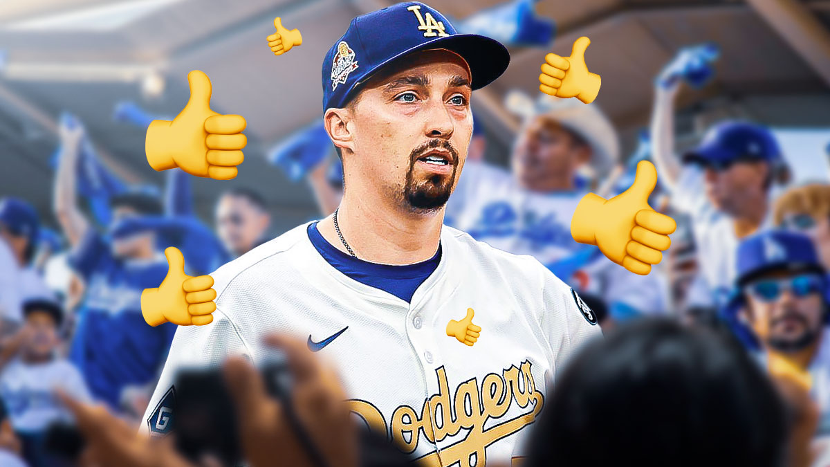 Blake Snell in a Los Angeles Dodgers uniform with a Dodgers fans behind him and thumbs up emojis around as snell made his dodgers debut in the home opener against the tigers.