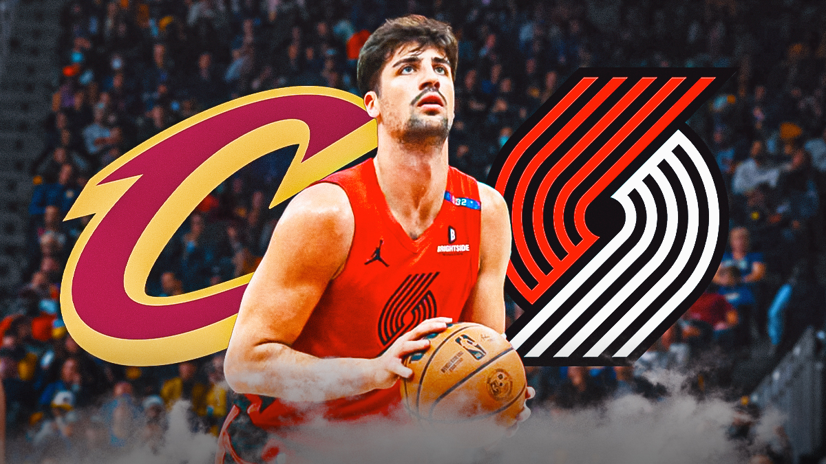 Blazers Deni Avdija shooting a basketball with the Portland Trail Blazers and Cleveland Cavaliers 2024-25 logos in background.