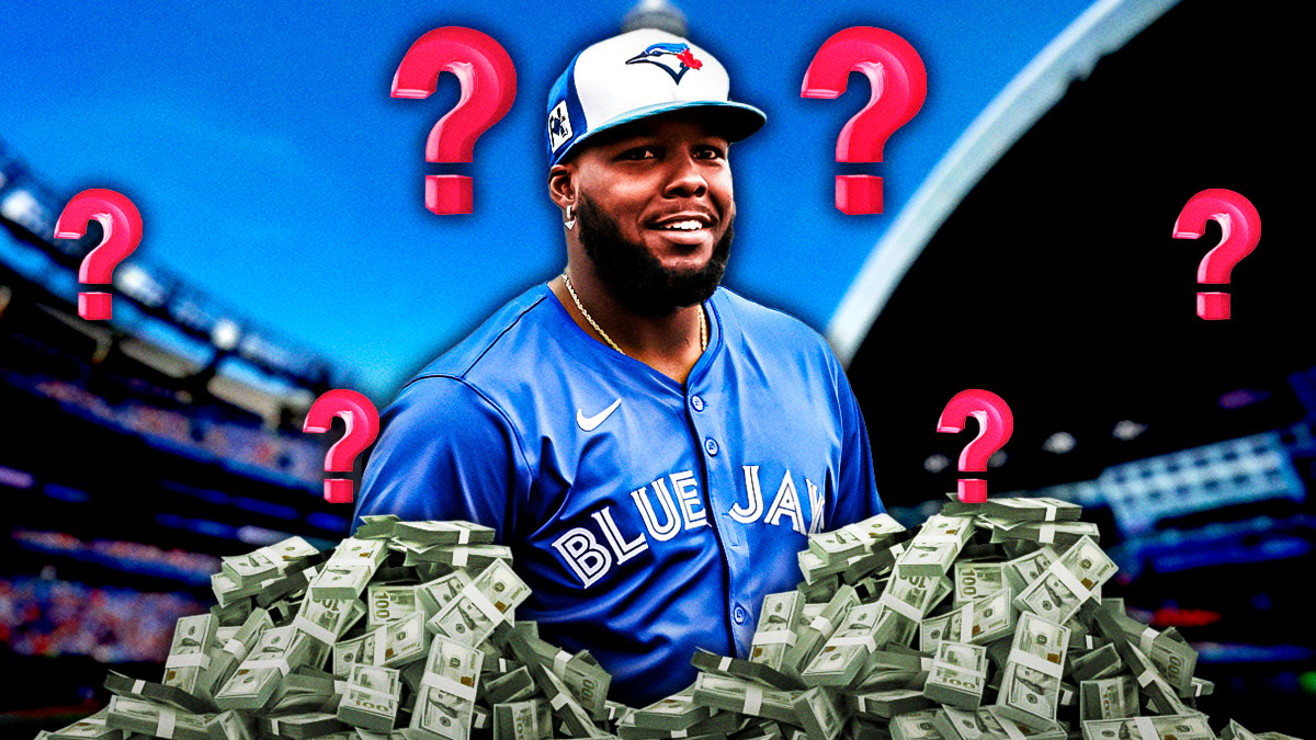 Vladimir Guerrero Jr., dollar bills all around him. Question marks all around
