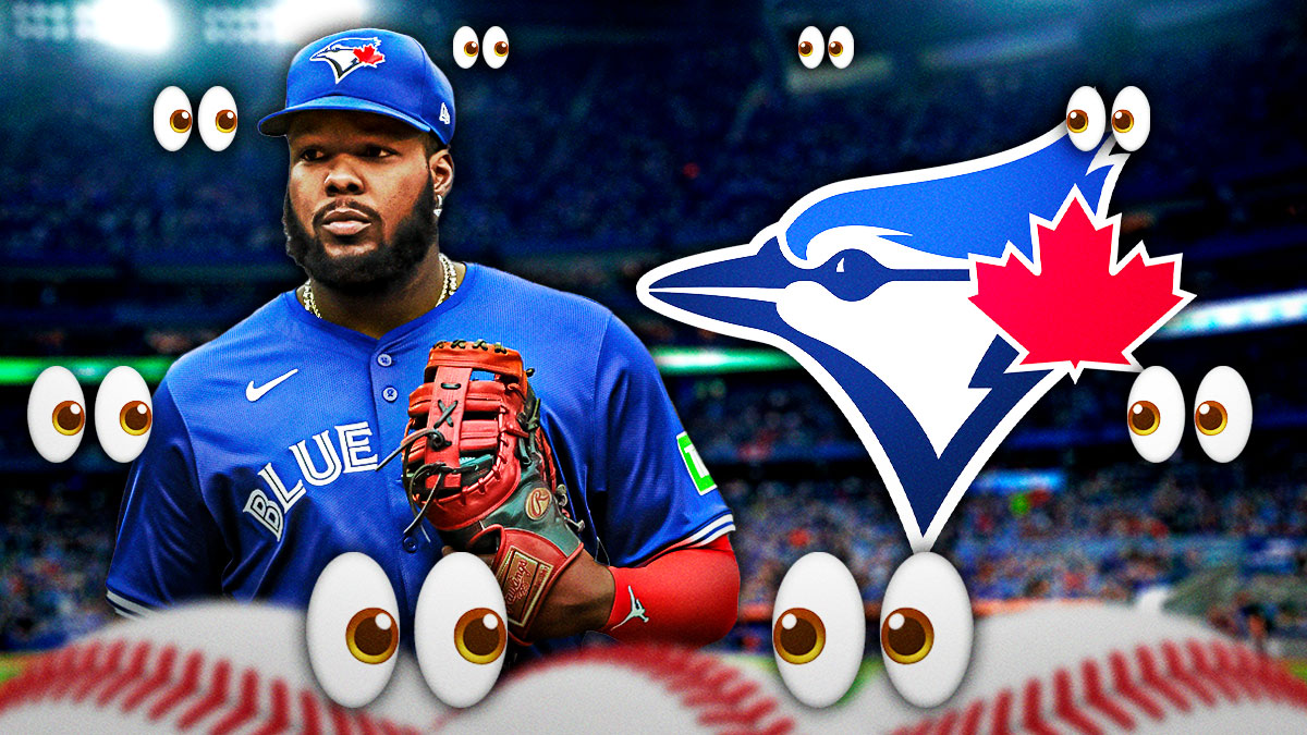 Vladimir Guerrero Jr. on one side, the Toronto Blue Jays logo on the other side, a bunch of the big eyes emojis in the background