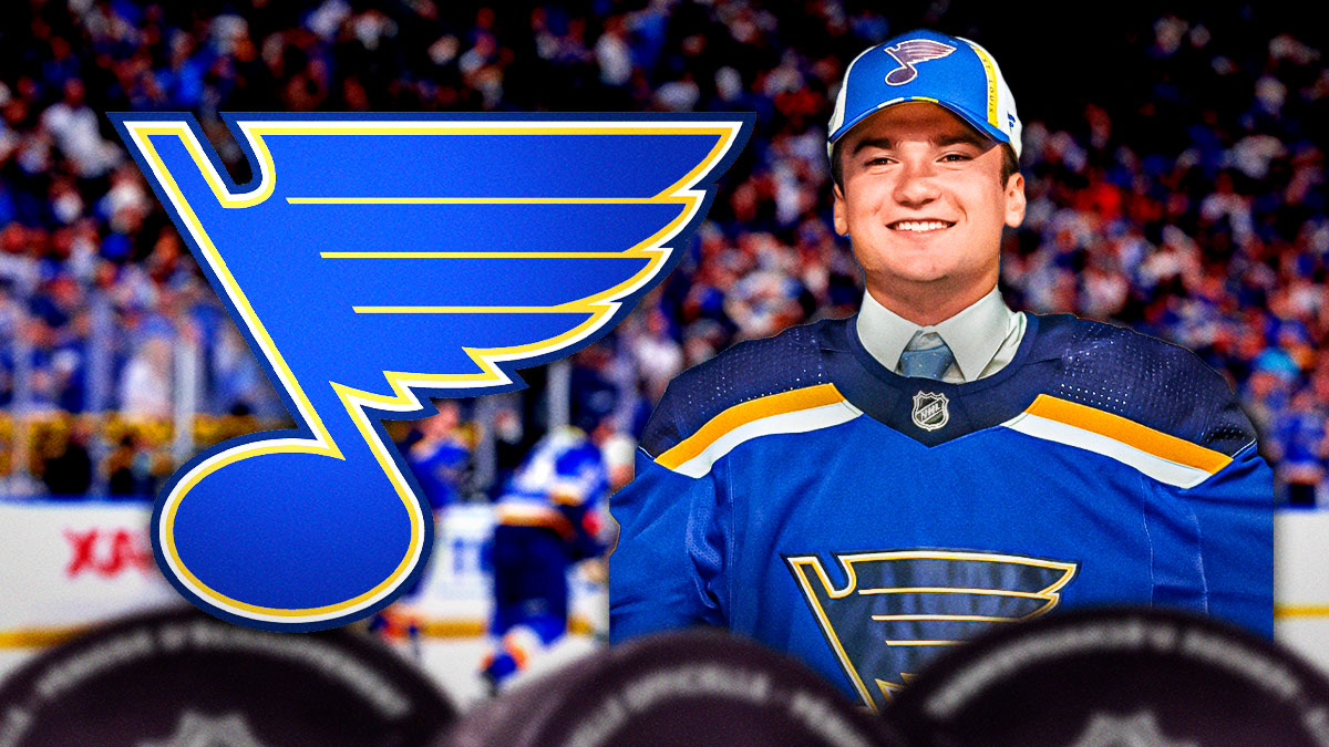 Jimmy Snuggerud in image looking happy, St. Louis Blues logo, hockey rink in background