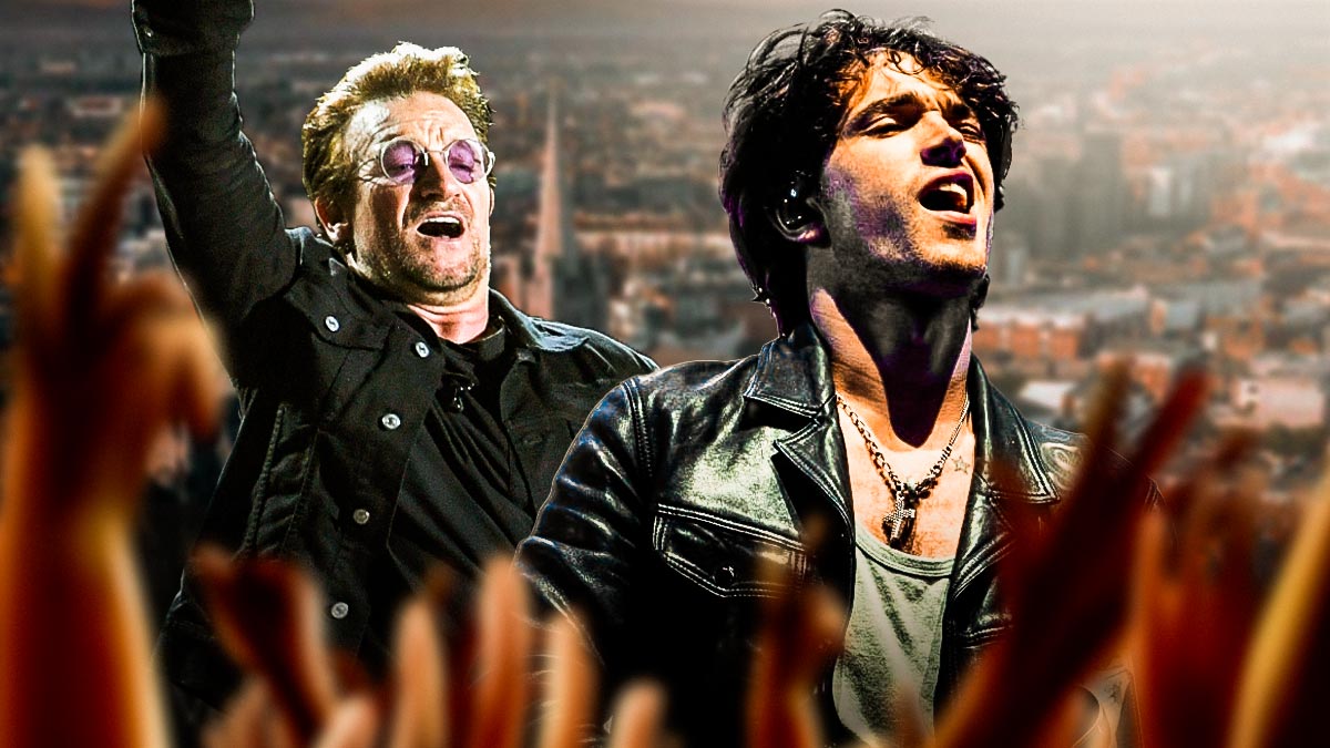 U2 singer Bono and his son, Elijah Hewson, the lead singer of Inhaler.