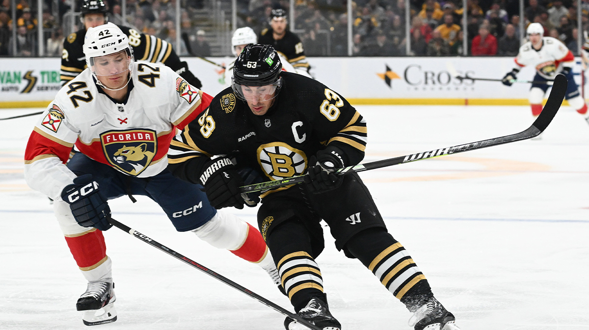 Florida Panthers defenseman Gustav Forsling (42) defends Boston Bruins left wing Brad Marchand (63) during the first period at the TD Garden.