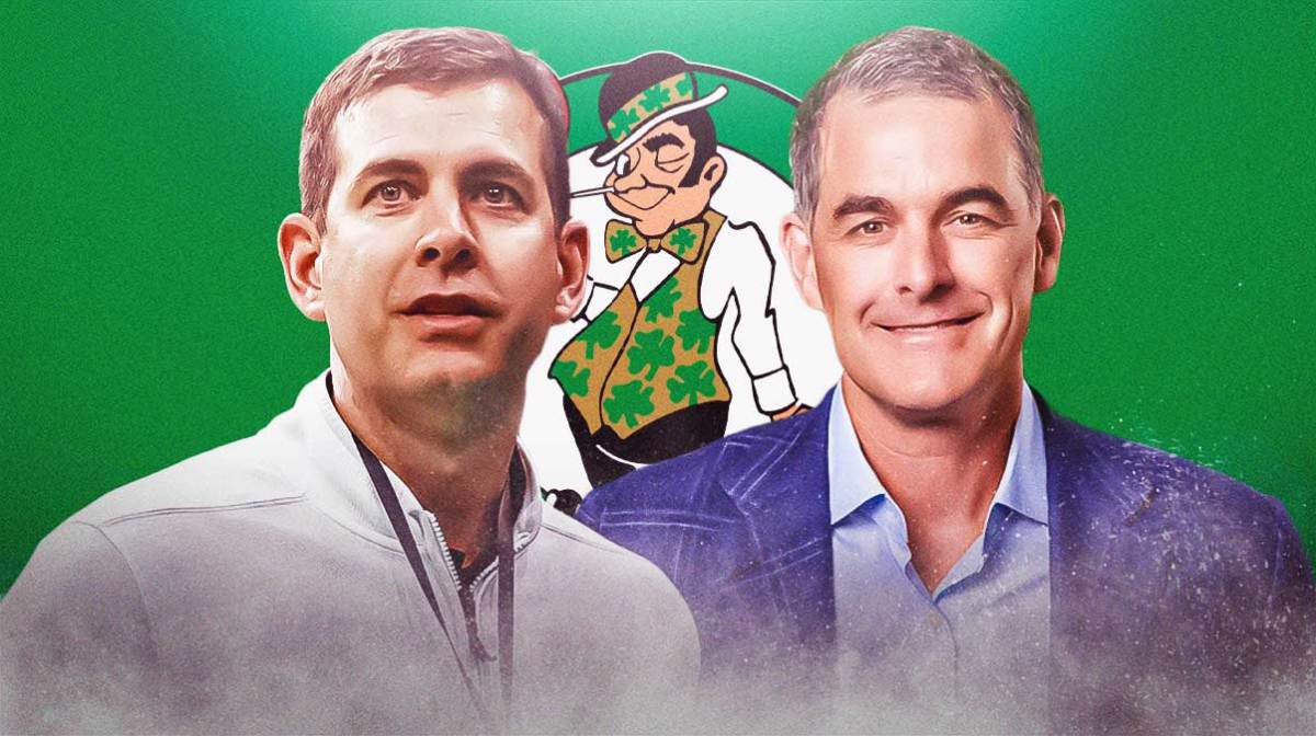 Celtics president of basketball operations Brad Stevens next to new Celtics owner William Chisholm with the Celtics logo in the background