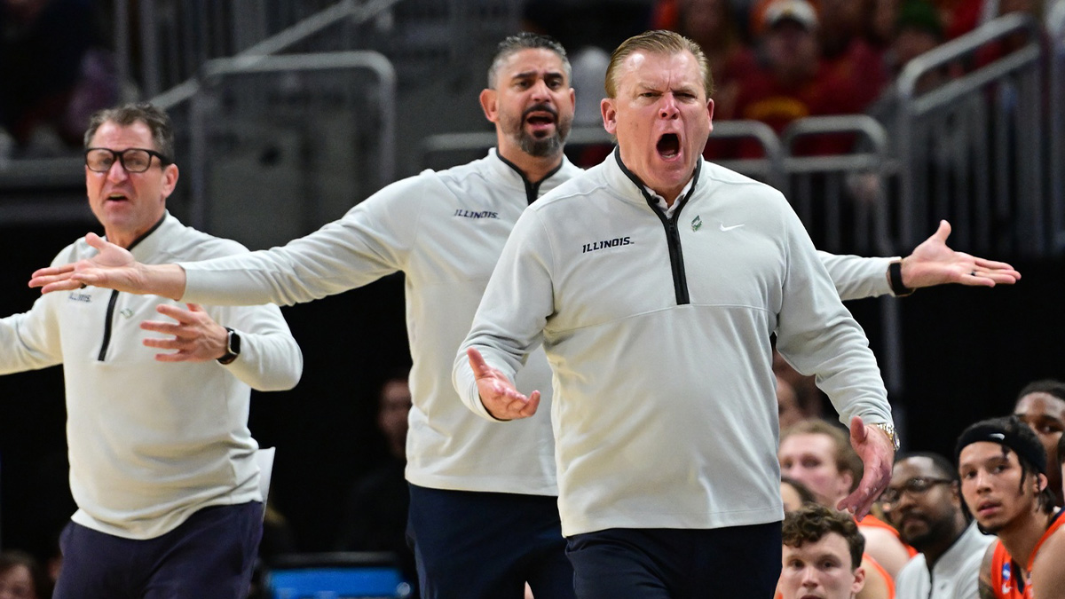 Illinois Fighting Illini head coach Brad Underwood reacts during the second half in the second round of the NCAA Tournament against the Kentucky Wildcats at Fiserv Forum. Mandatory Credit: Benny Sieu-Imagn Images