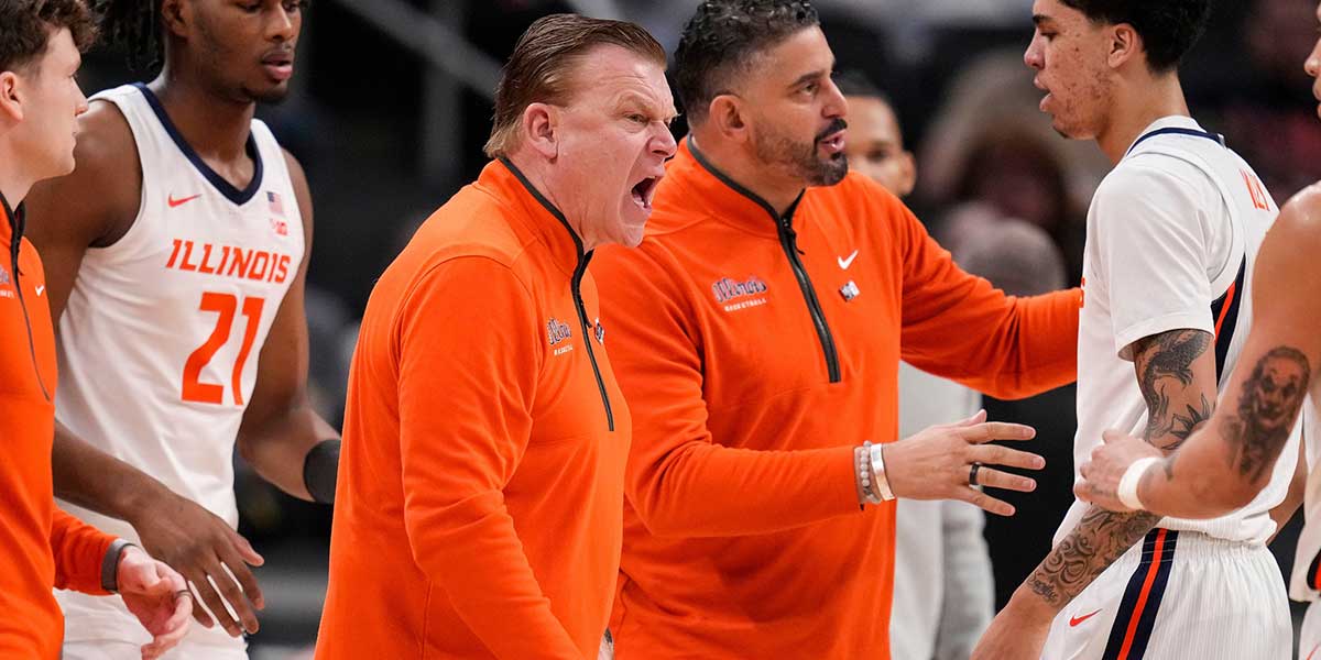 Illinois Fighting Illini head coach Brad Underwood yells to players on the court Thursday, March 13, 2025, during the second round of the men's Big Ten tournament at Gainbridge Fieldhouse in Indianapolis. The Illinois Fighting Illini defeated the Iowa Hawkeyes, 106-94.
