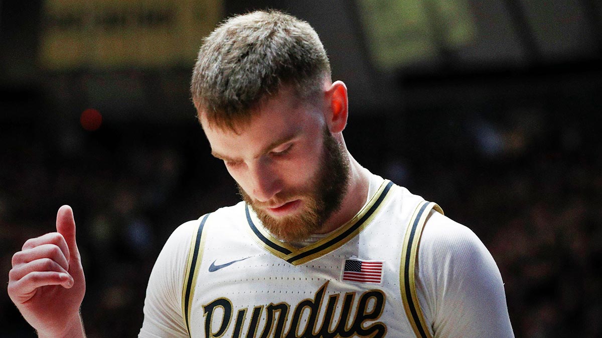 Purdue Boilermakers guard Braden Smith (3) reacts to a UCLA Bruins turnover Friday, Feb. 28, 2025, during the NCAA men’s basketball game at Mackey Arena in West Lafayette, Ind.