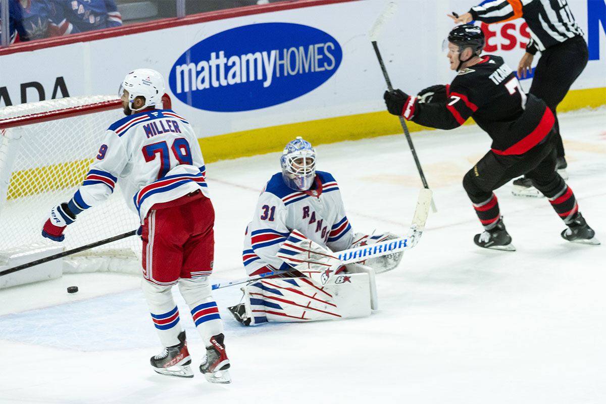 New York Rangers goalie Igor Shesterkin (31) reacts after Ottawa Senators left wing Brady Tkachuk (7) scores a goal in overtime at the Canadian Tire Centre.