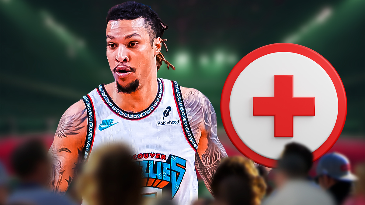 Grizzlies forward Brandon Clarke next to the Grizzlies logo with the health symbol in the background