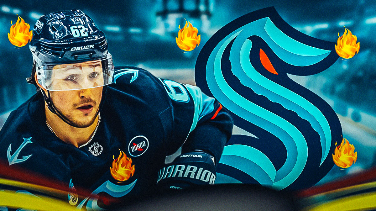 Brandon Montour looking happy with fire around him, Seattle Kraken logo, hockey rink in background