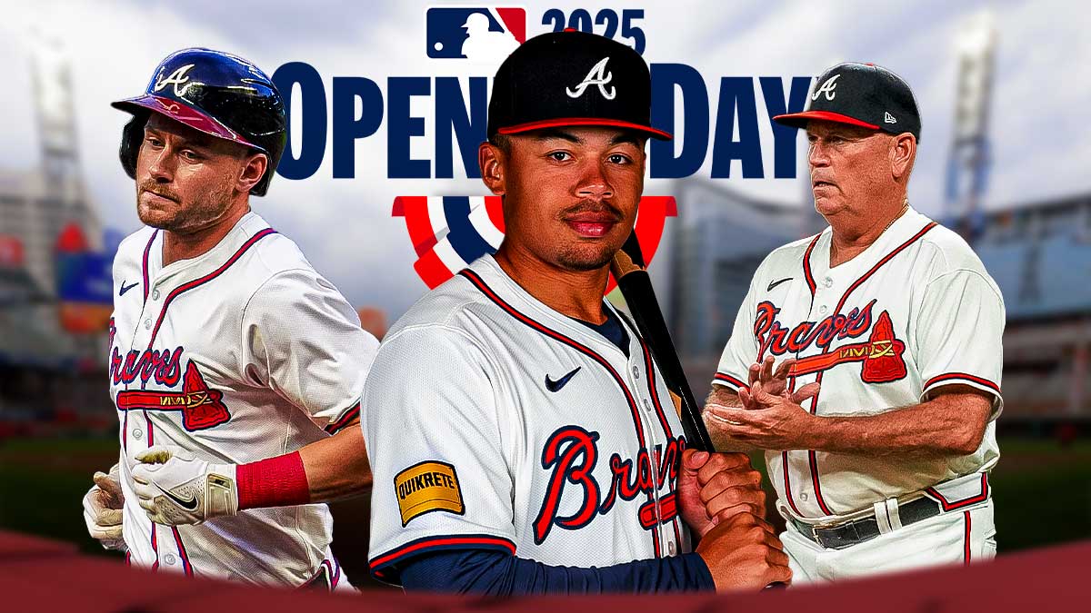 Braves Drake Baldwin, Jarred kelenic and manager Brian Snitker with Opening Day logo in the background.