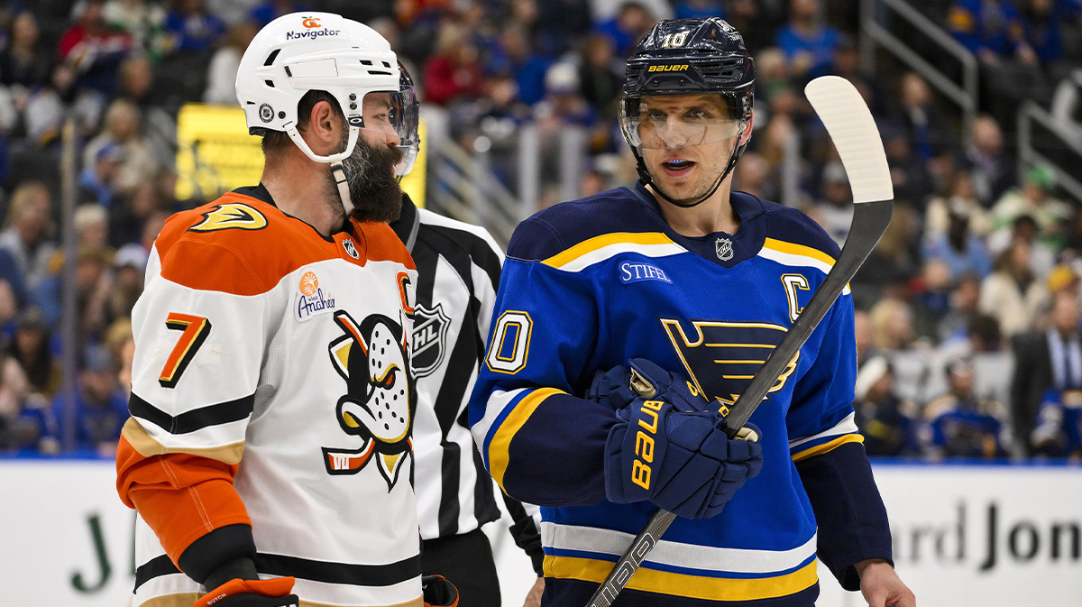 St. Louis Blues center Brayden Schenn (10) talks with Anaheim Ducks defenseman Radko Gudas (7) during the second period at Enterprise Center.