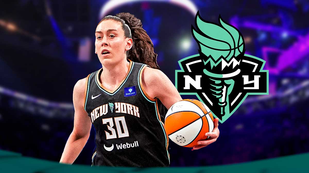 WNBA New York Liberty player Breanna Stewart playing basketball, and the Liberty logo