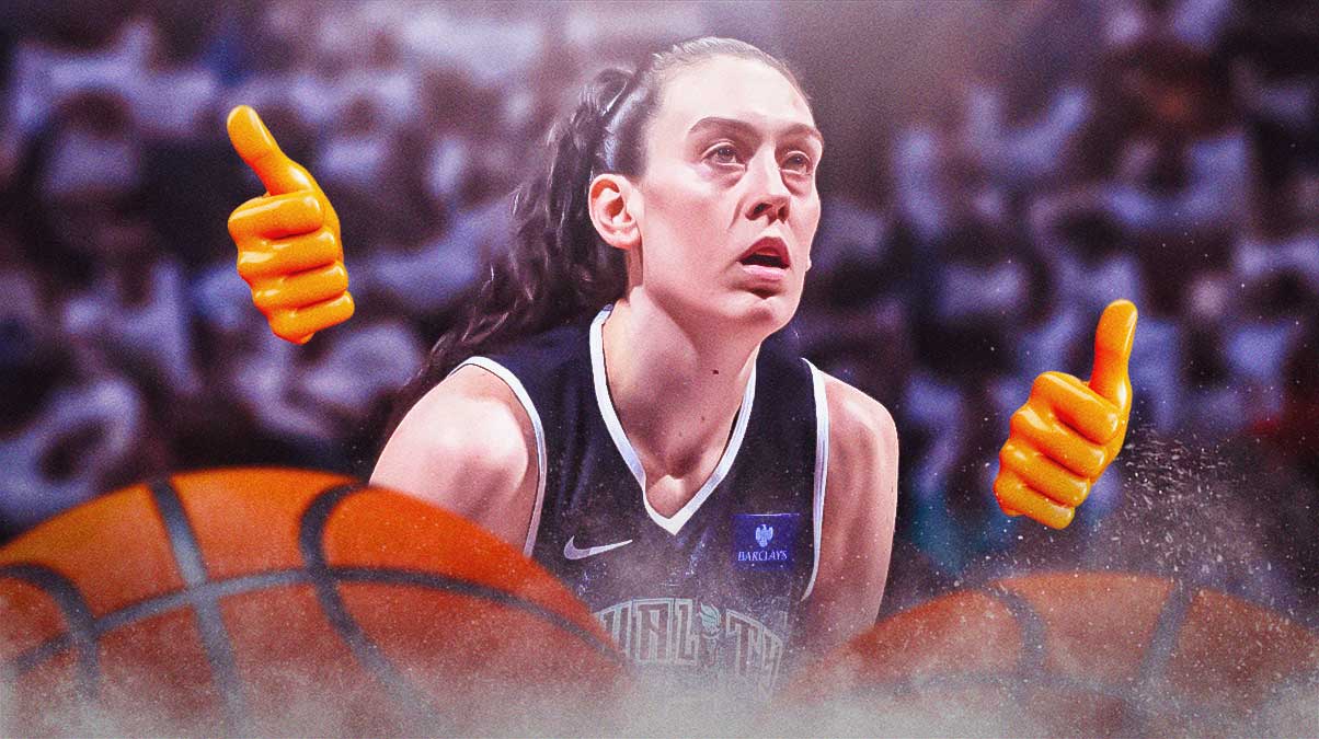 WNBA New York Liberty player Breanna Stewart, in her Liberty uniform, with a thumbs up emoji and some basketballs