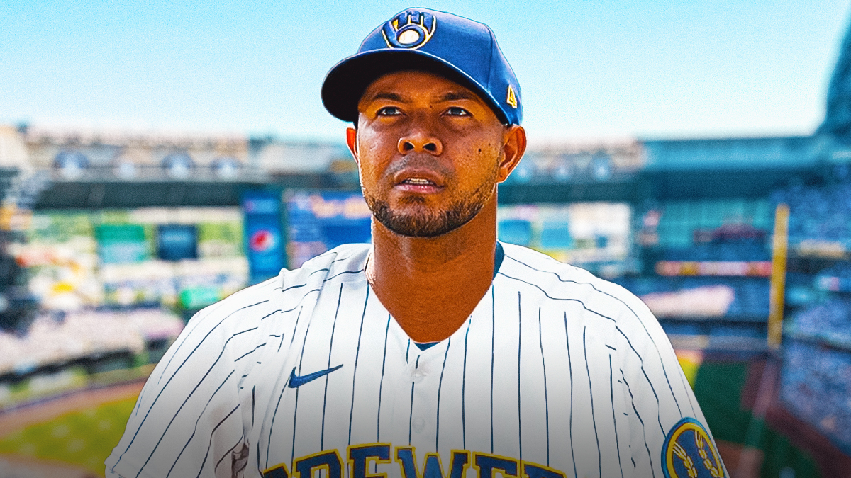 Featured Graphic idea: Image of Brewers new pitcher Jose Quintana looking happy and hyped. Brewers logo in background