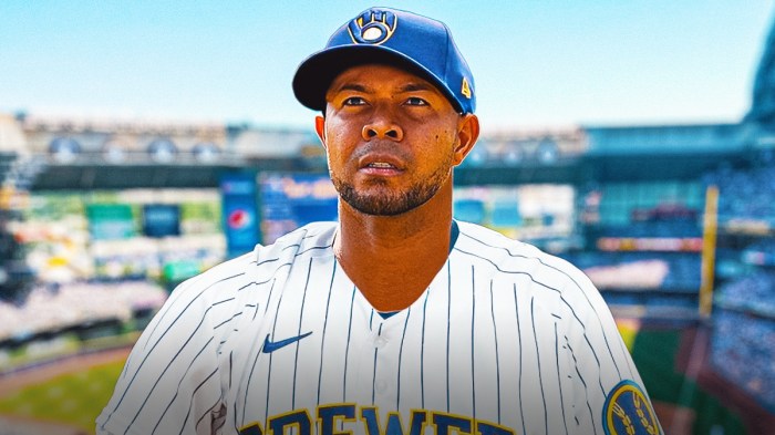 Featured Graphic idea: Image of Brewers new pitcher Jose Quintana looking happy and hyped. Brewers logo in background