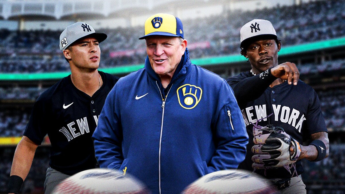 Pat Murphy. Anthony Volpe, Jazz Chisholm Jr. Yankee Stadium n the background.