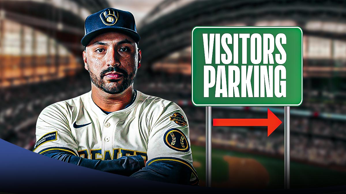 Nestor Cortes in a Milwaukee Brewers uniform next to a sign that reads: Visitors Parking with an arrow under the words pointing to the right as aaron judge and the yankees crushed cortes' brewers.