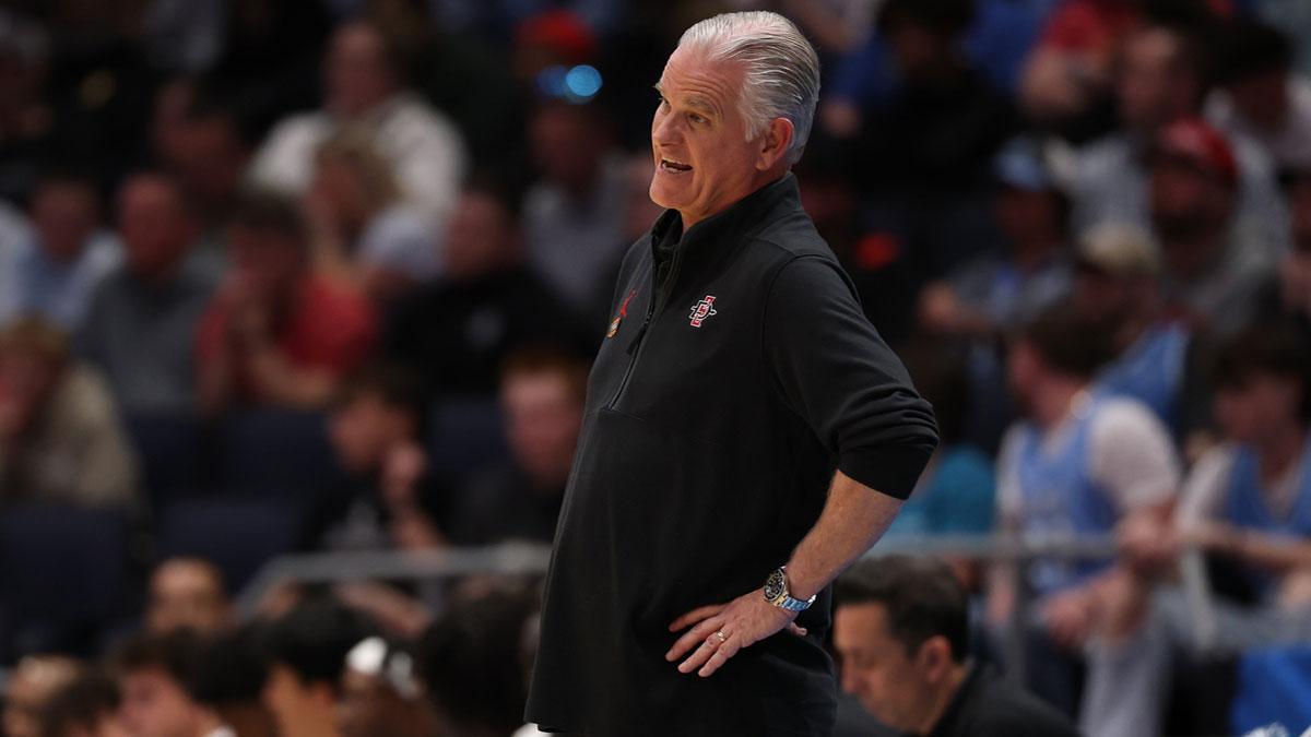 San Diego State Aztecs head coach Brian Dutcher reacts in the first half against the UNC Tar Heels at UD Arena.